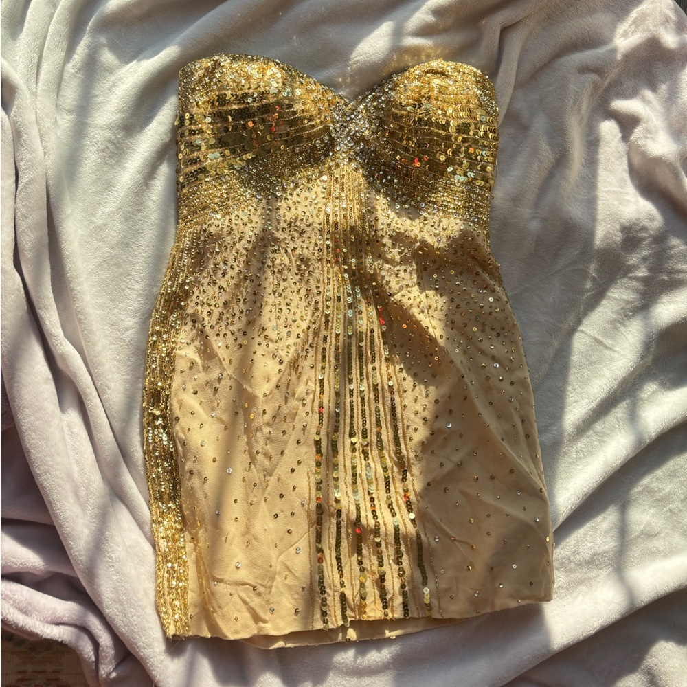 Basix Black Label Gold Sequin beaded embellished silk stone Strapless mini Dress - Picture 17 of 17